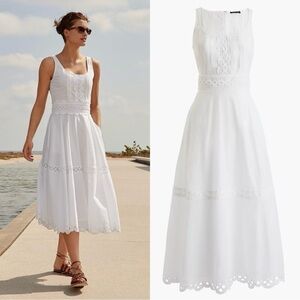 🤍 J Crew Organic Cotton White Lace Trim Midi Dress 🤍